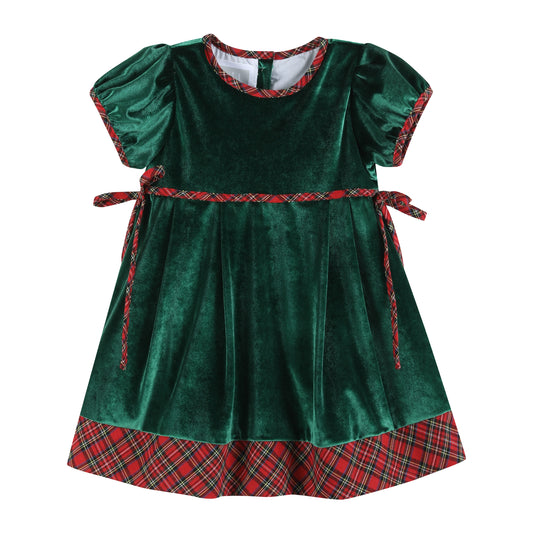 Green Velvet Tartan Bows Dress