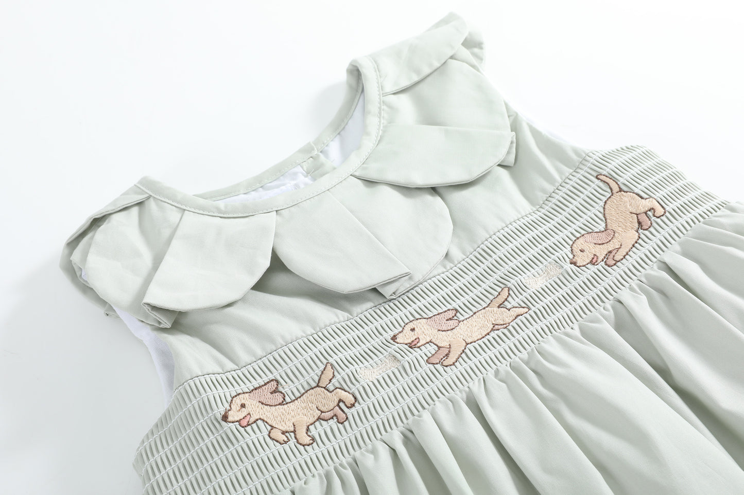 Sage Green Puppy Dog Petal Smocked Dress
