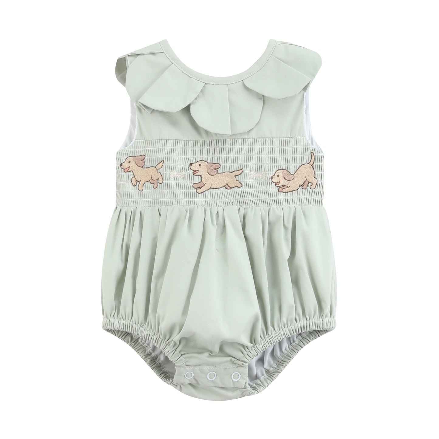Sage Green Puppy Dog Petal Smocked Romper