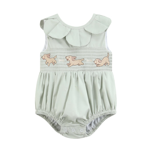 Sage Green Puppy Dog Petal Smocked Romper