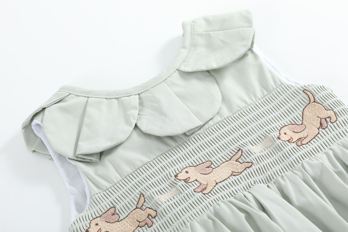 Sage Green Puppy Dog Petal Smocked Romper