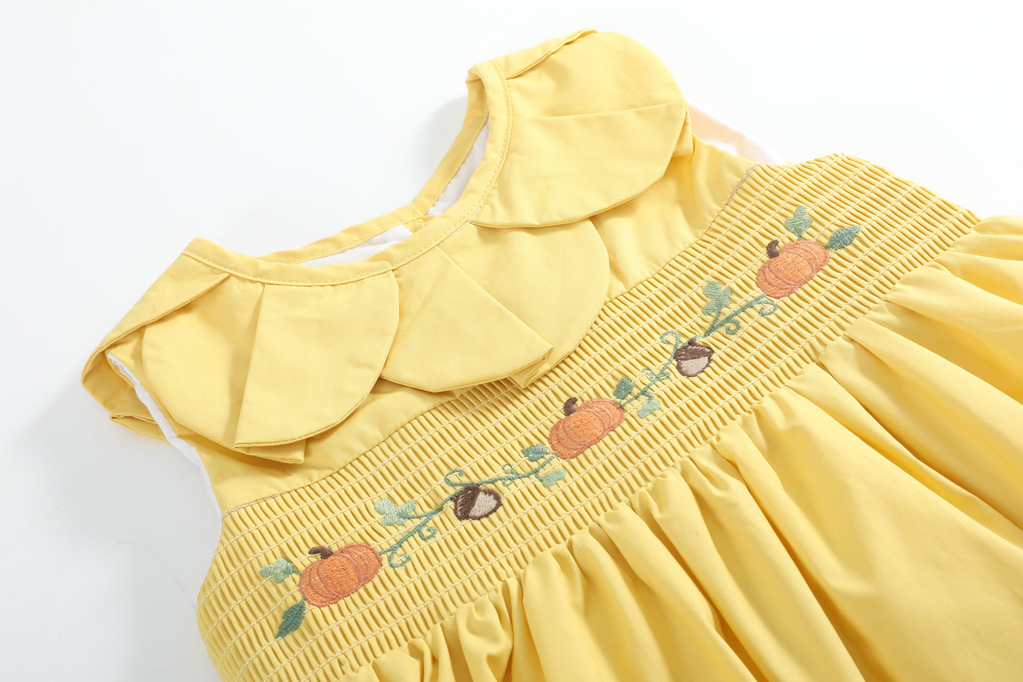 Golden Wheat Pumpkin Smocked Petal Collar Dress