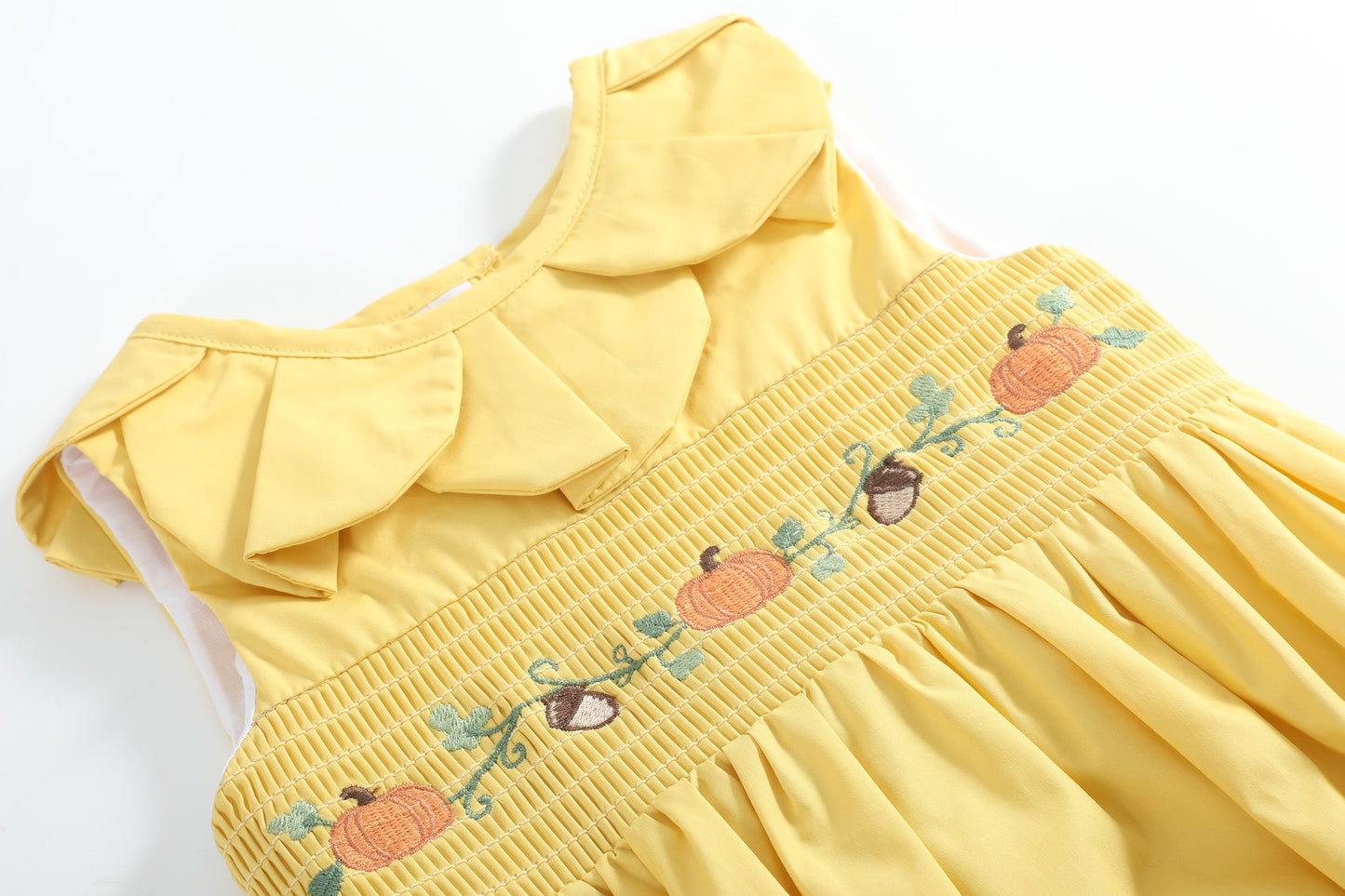 Golden Wheat Pumpkin Smocked Petal Collar Romper