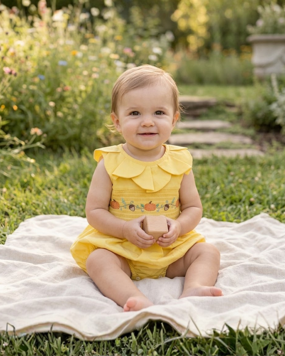 Golden Wheat Pumpkin Smocked Petal Collar Romper