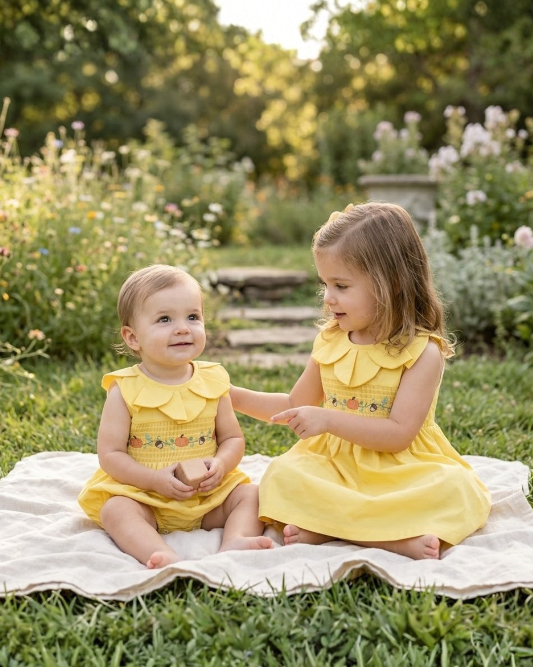Golden Wheat Pumpkin Smocked Petal Collar Romper
