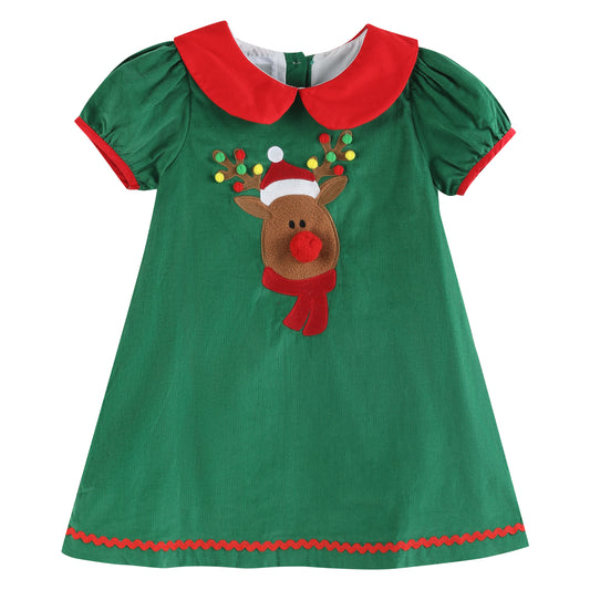 Green Corduroy Sherpa Reindeer Dress