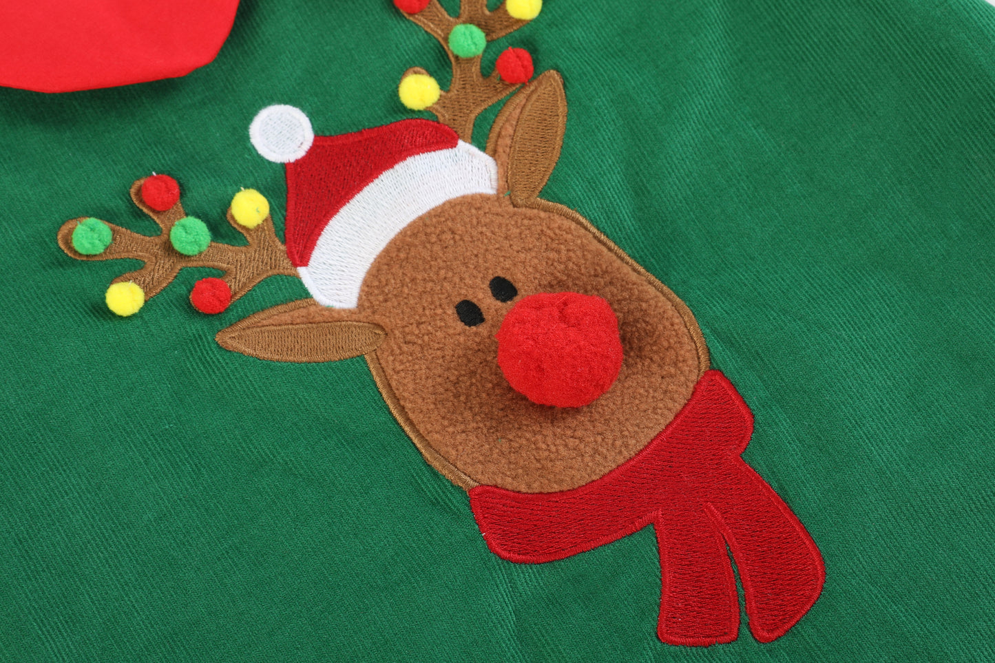 Green Corduroy Sherpa Reindeer Dress