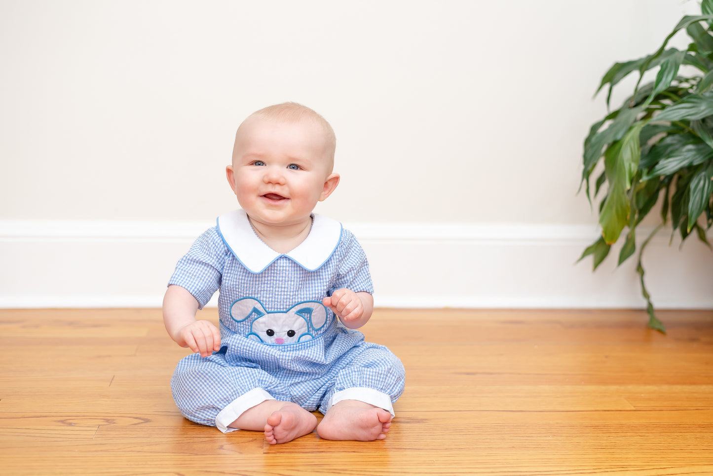 Light Blue Gingham Peek-a-Boo Easter Bunny Collared Romper