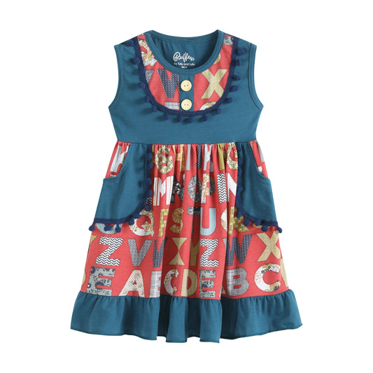 Ruffles - Navy & Burgundy Alphabet Pom-Pom Ruffle Pocket Sleeveless Dress