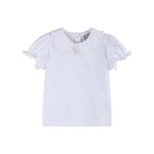 White Lace Collared Girls Short Bubble Sleeve Top