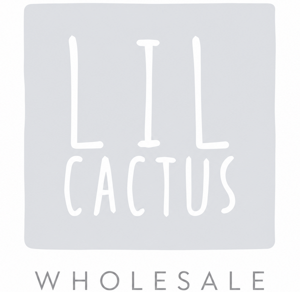 A light gray square logo with the words 'LIL CACTUS' in white hand-drawn lettering, with 'WHOLESALE' in gray text below on a white background.