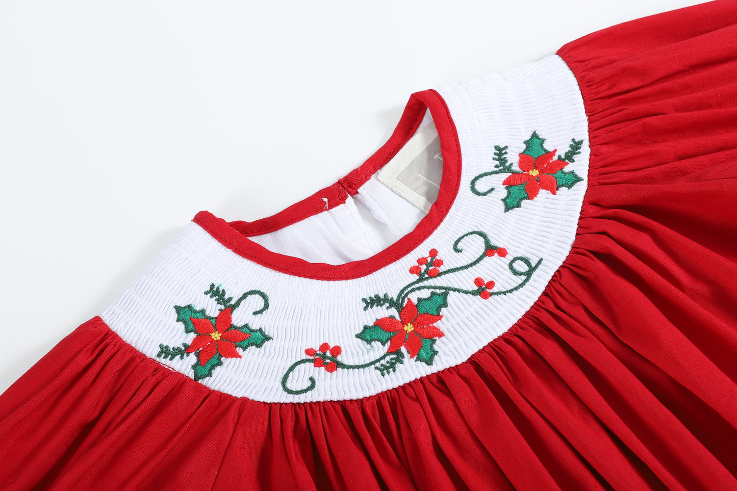 Red Christmas Mistletoe Smocked Long Sleeve Bishop Dress