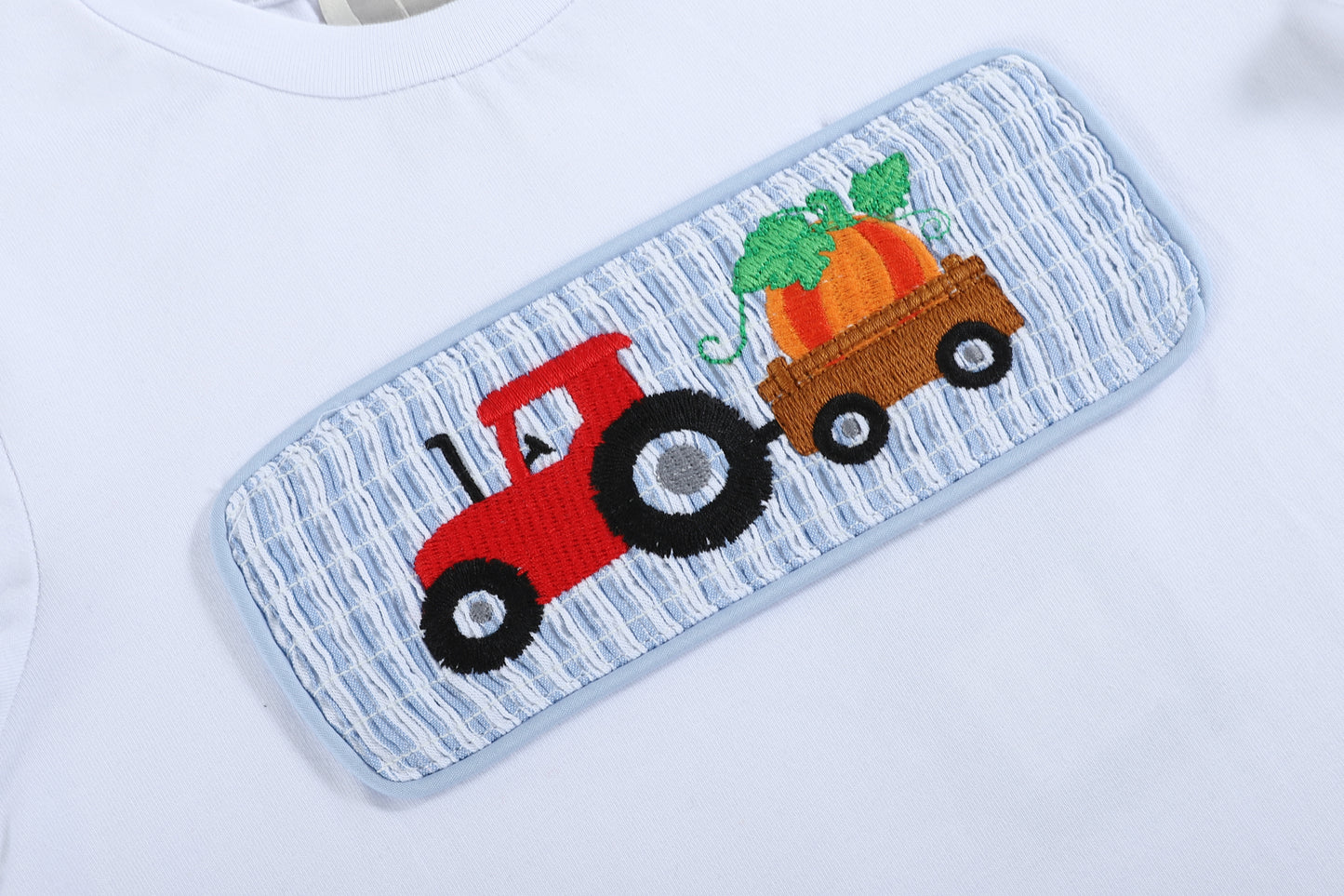 Tractor Pumpkin Smocked White Shirt and Blue Seersucker Pants Set