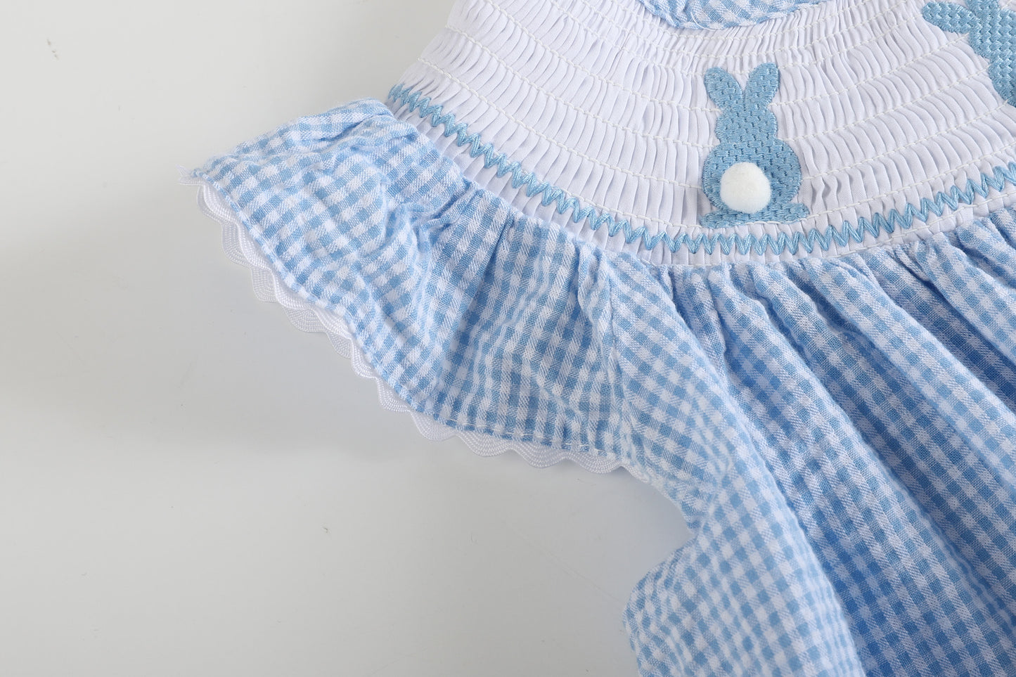 Blue Gingham Easter Bunny Smocked Bishop Dress