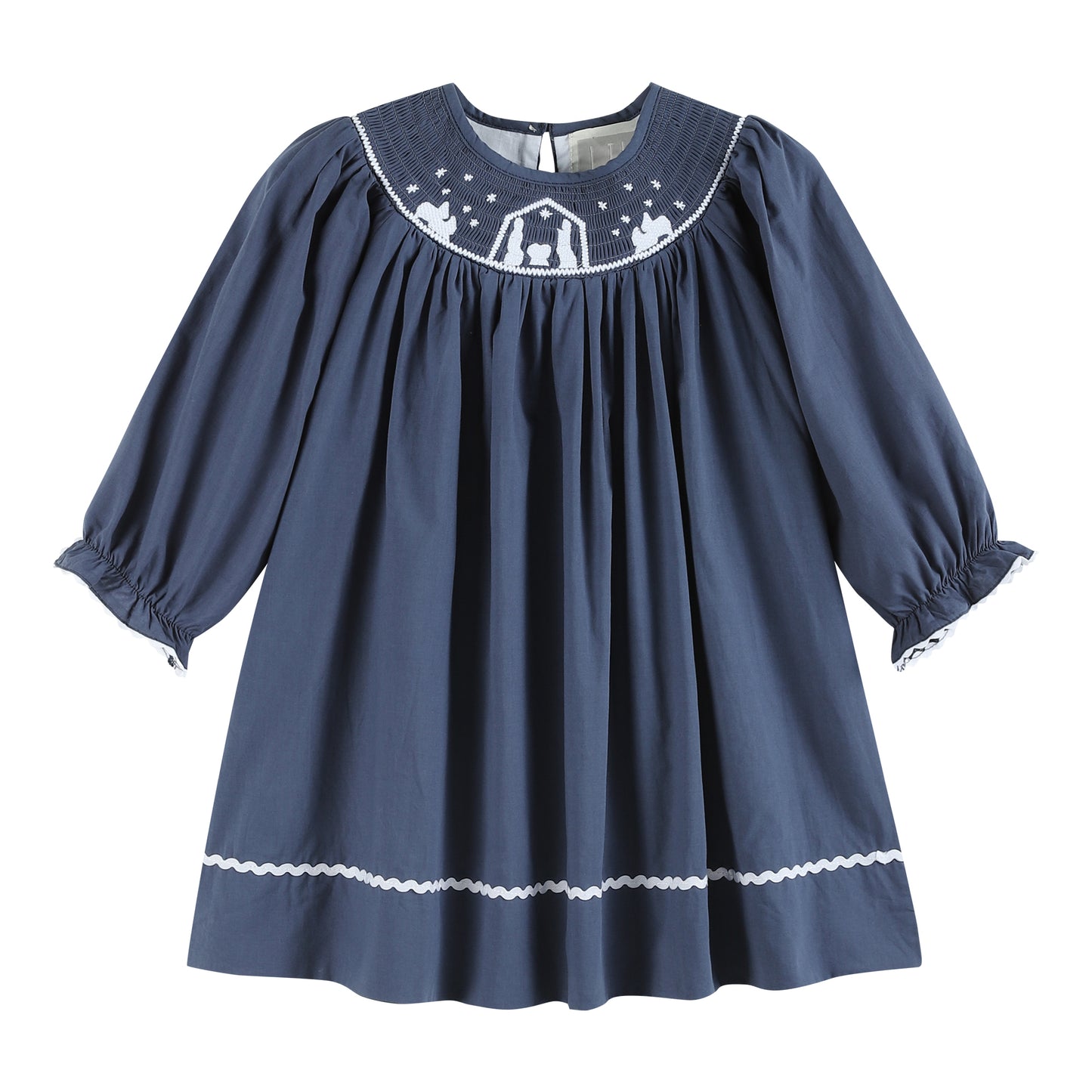 Navy Blue Nativity Long Sleeve Smocked Bishop Dress
