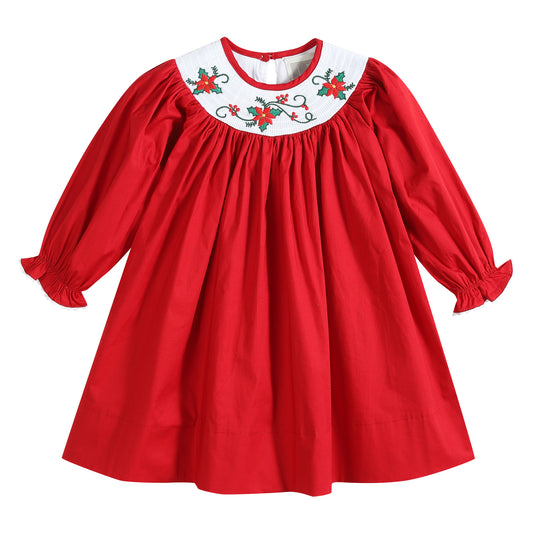 Red Christmas Mistletoe Smocked Bishop Dress