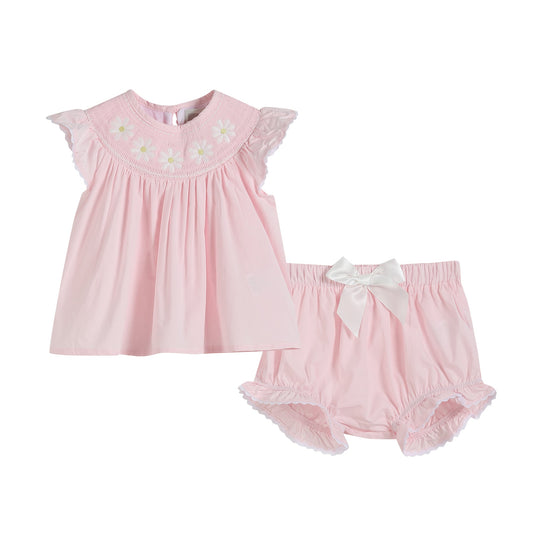 Light Pink Daisy Smocked Top and Bloomer 2 pc set