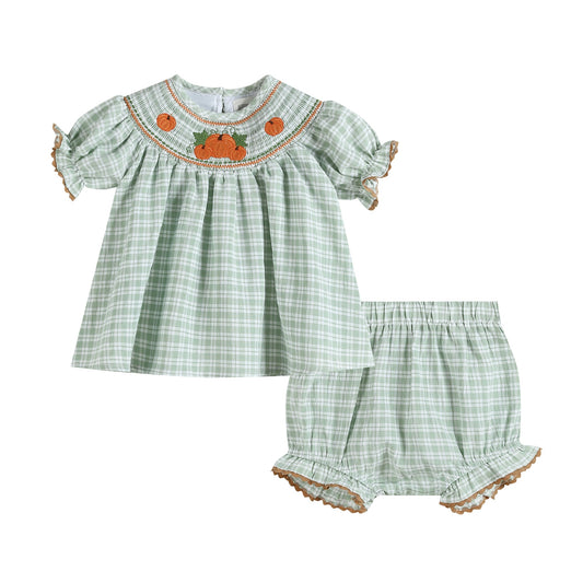 Sage Green Plaid Pumpkin Smocked Top and Bloomer Set