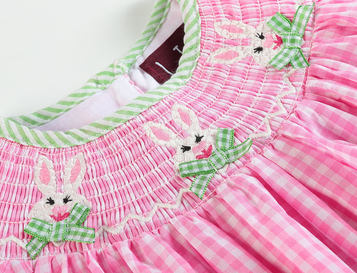 Pink Gingham Bunnies Smocked Bishop Dress