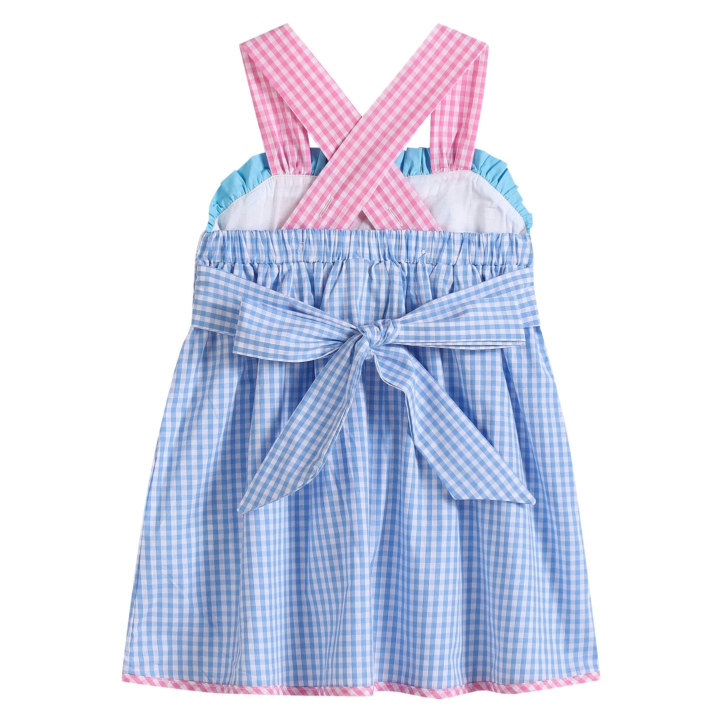 Blue Gingham Sleeveless Smocked Dress with Embroidered Pink Sailboats