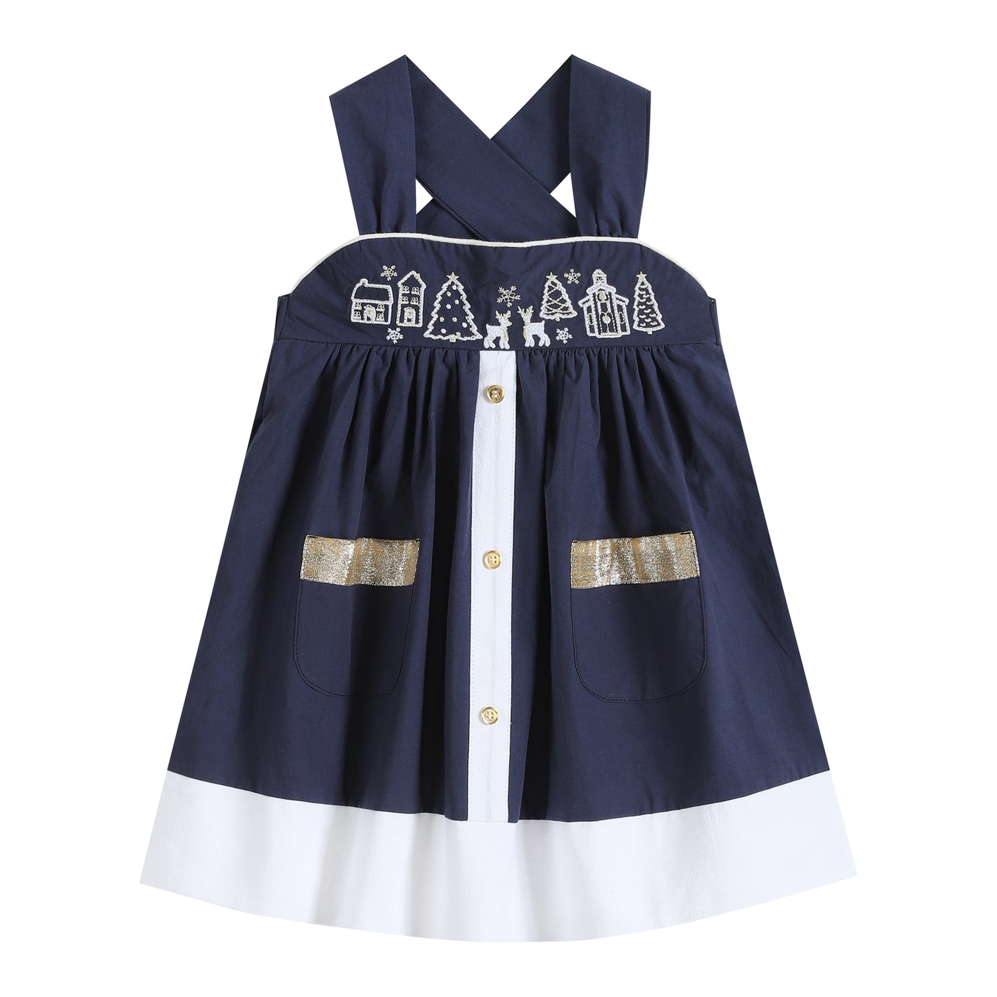 Navy and Gold Christmas Scene A-Line Dress