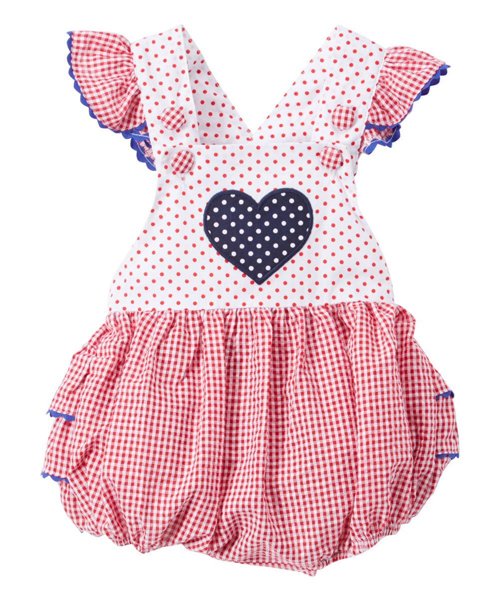 4th of July Red & White Gingham Heart Ruffle-Accent Bubble Romper