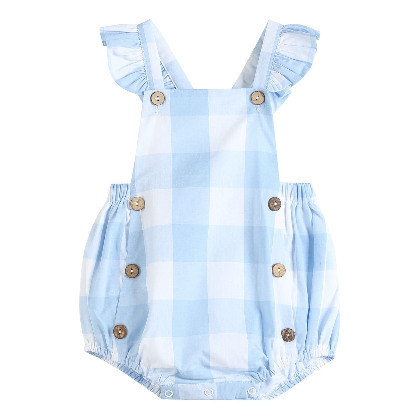 Large Check Blue Gingham Ruffle Button Romper