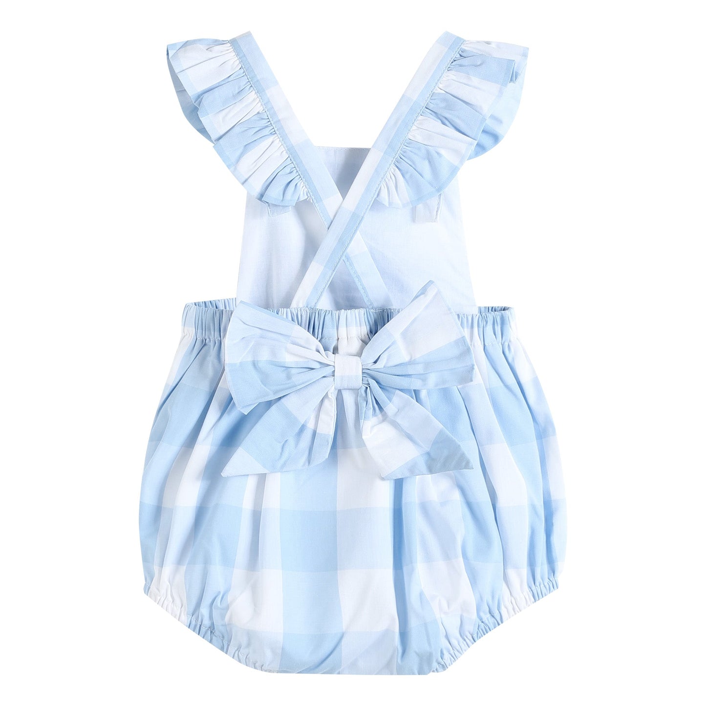 Large Check Blue Gingham Ruffle Button Romper