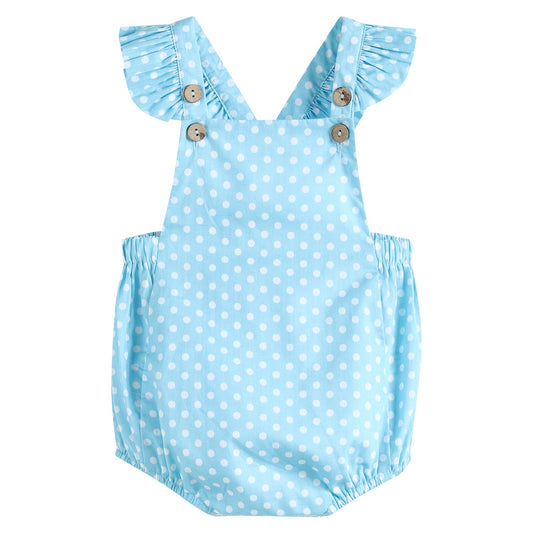 Sky Blue Dot Button and Bow Bubble Romper