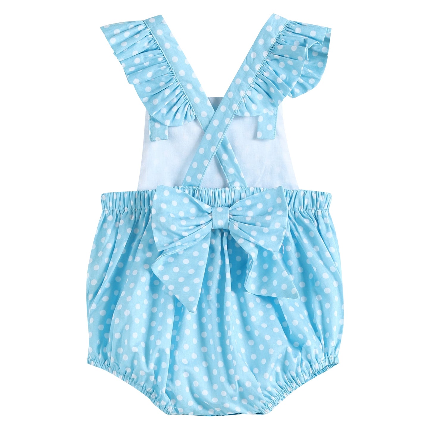 Sky Blue Dot Button and Bow Bubble Romper