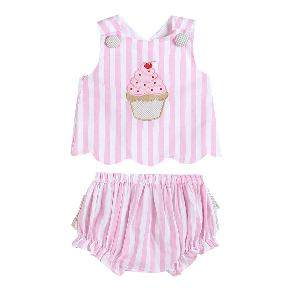 Pink Stripe Cupcake Applique Top & Bloomer Set