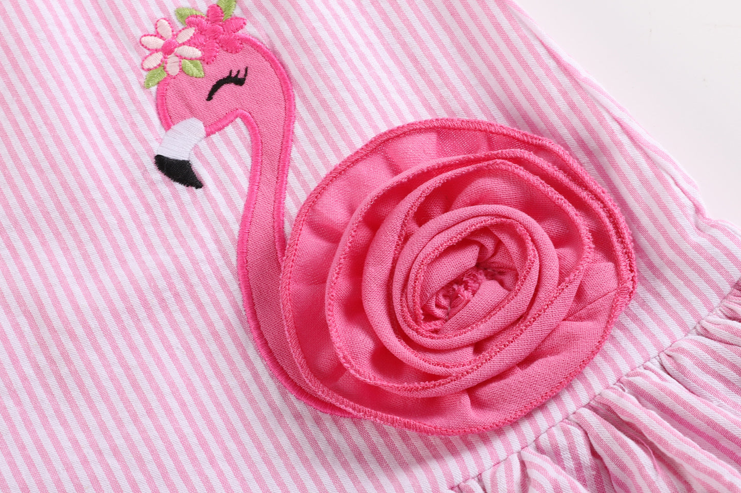 Pink Seersucker Flamingo Ruffle Dress