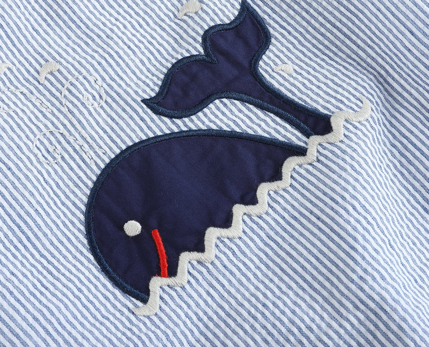 Dark Blue Seersucker Whale Embroidered Bubble Bodysuit