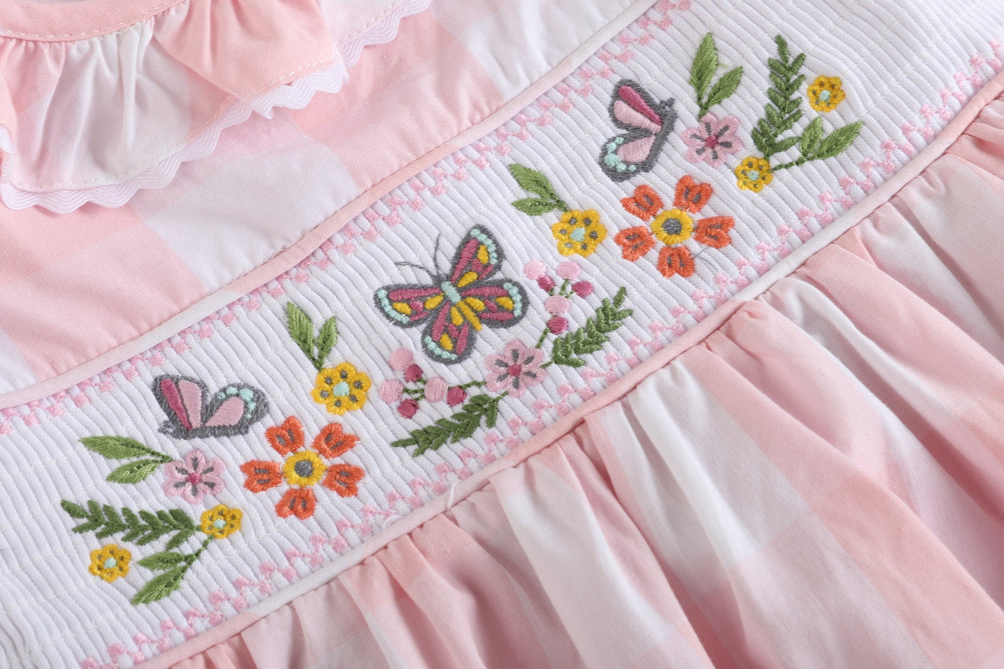 Large Pink Check Butterfly Garden Smocked Dress