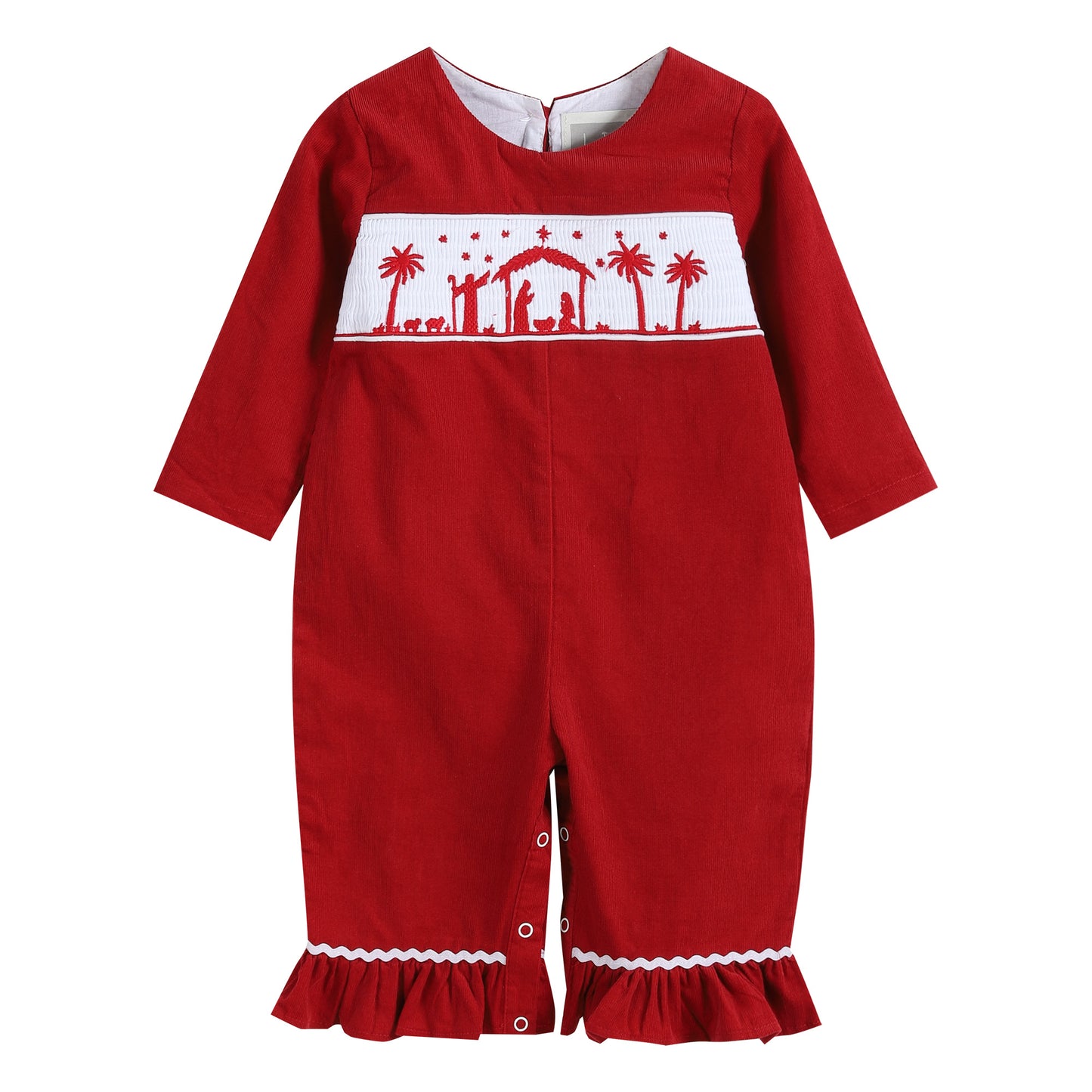 Red Nativity Smocked Ruffle Cuff Playsuit