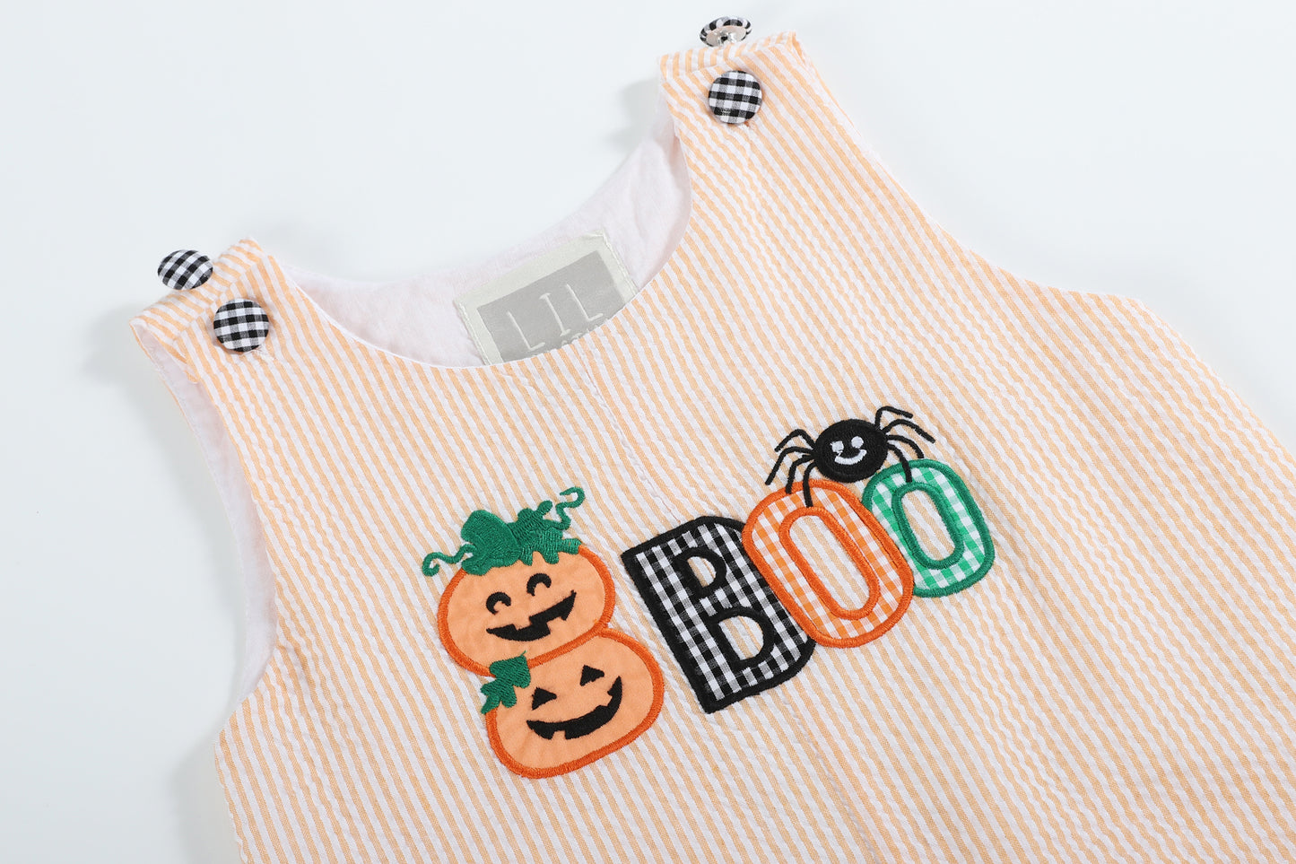 Orange Seersucker Halloween Boo Overalls