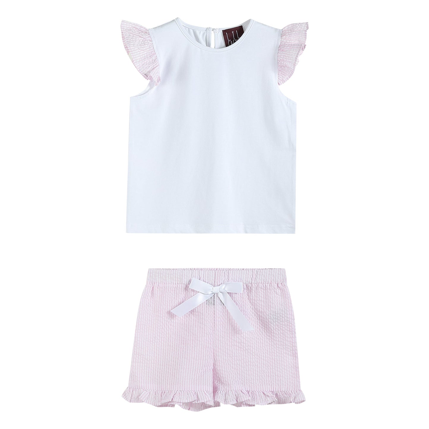 White and Pink Seersucker Top and Shorts 2pc. Set