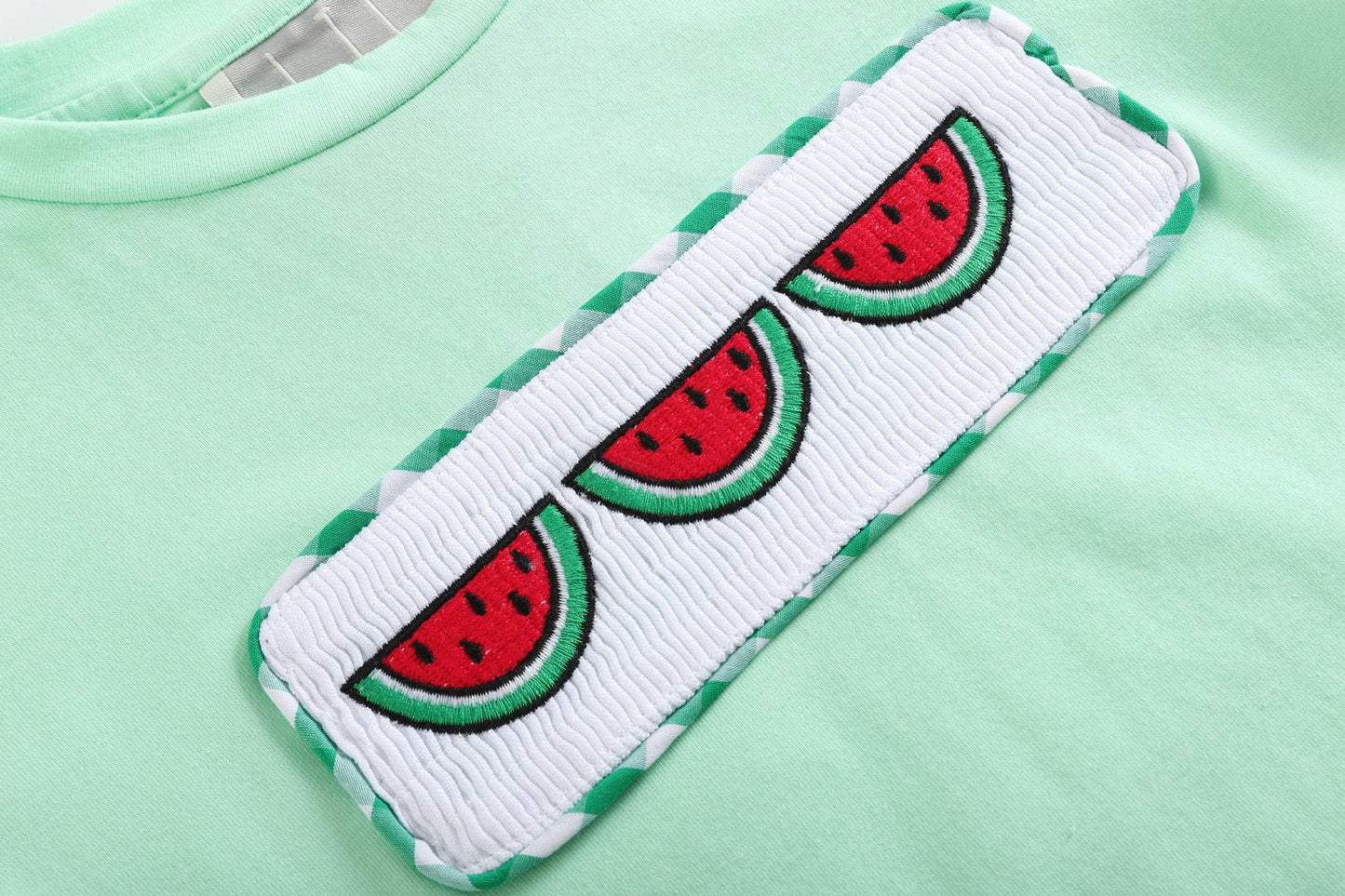 Green Watermelon Smocked T-Shirt and Gingham Shorts 2pc. Set