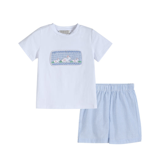 Blue Seersucker Bunnies Smocked Shirt and Boy Shorts Set