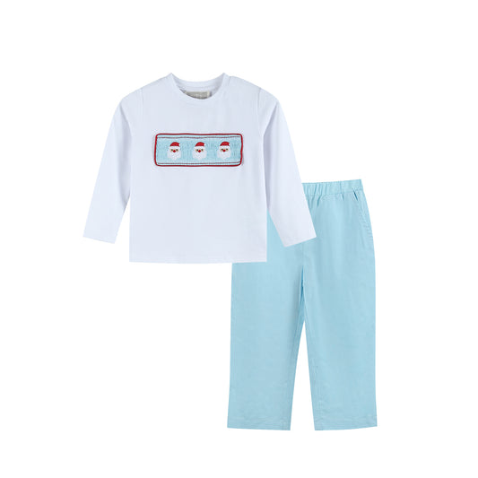 White Santa Smocked Shirt and Blue Pants Set