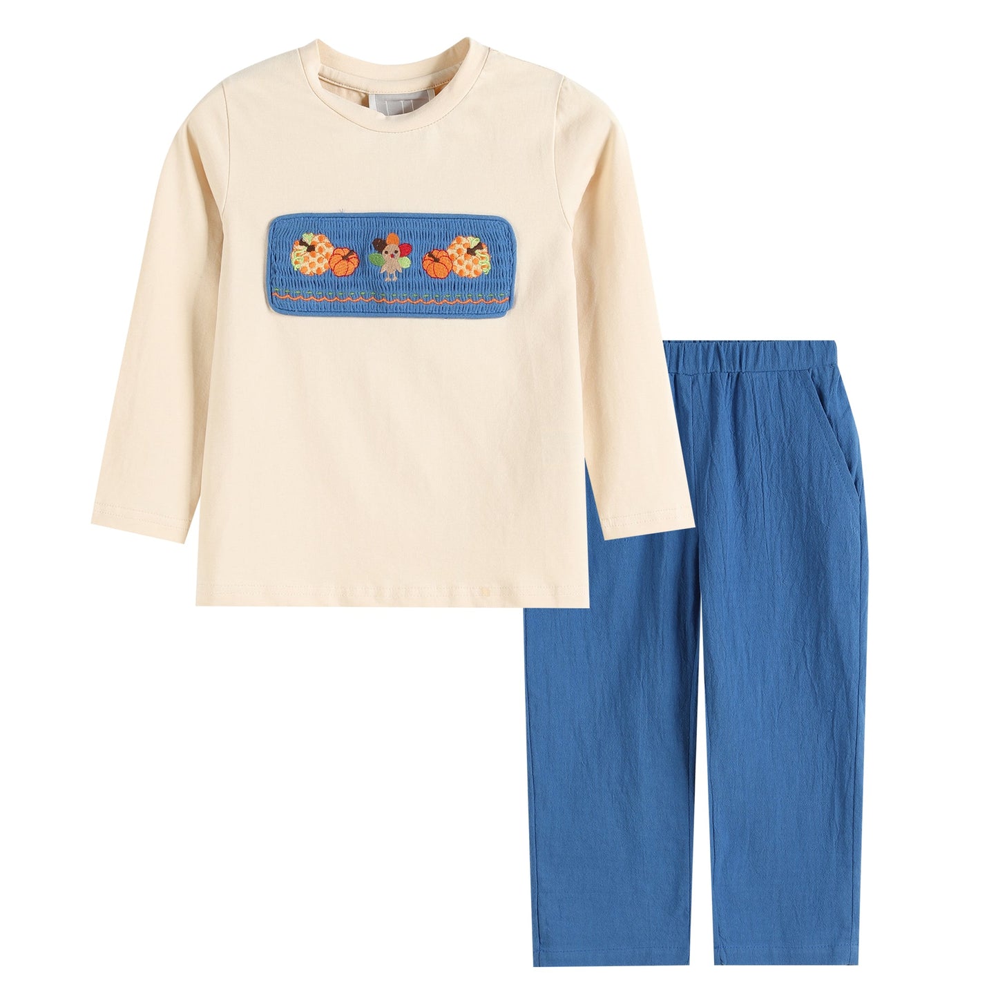 Blue and Beige Pumpkin Smocked Top and Pants Set