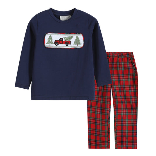 Red Plaid Christmas Tree and Truck Smocked T-Shirt and Pants