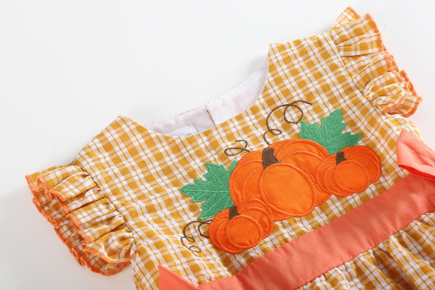Orange Gingham Pumpkin Ruffle and Bow Bubble Romper