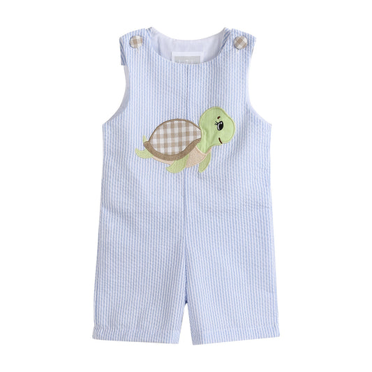 Light Blue Stripe Turtle Appliqué Shortalls