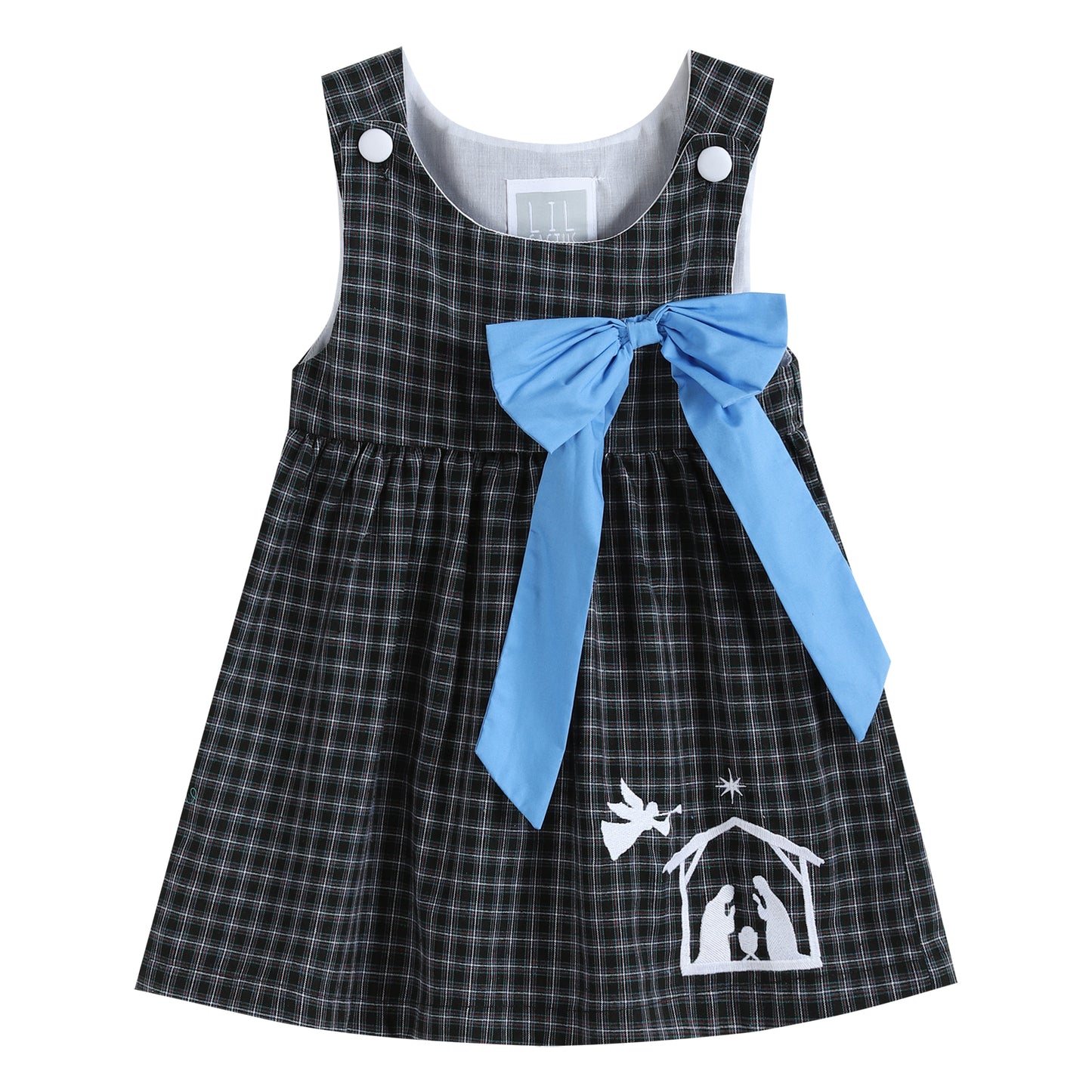 Black and White Nativity A-Line Dress with Blue Bow