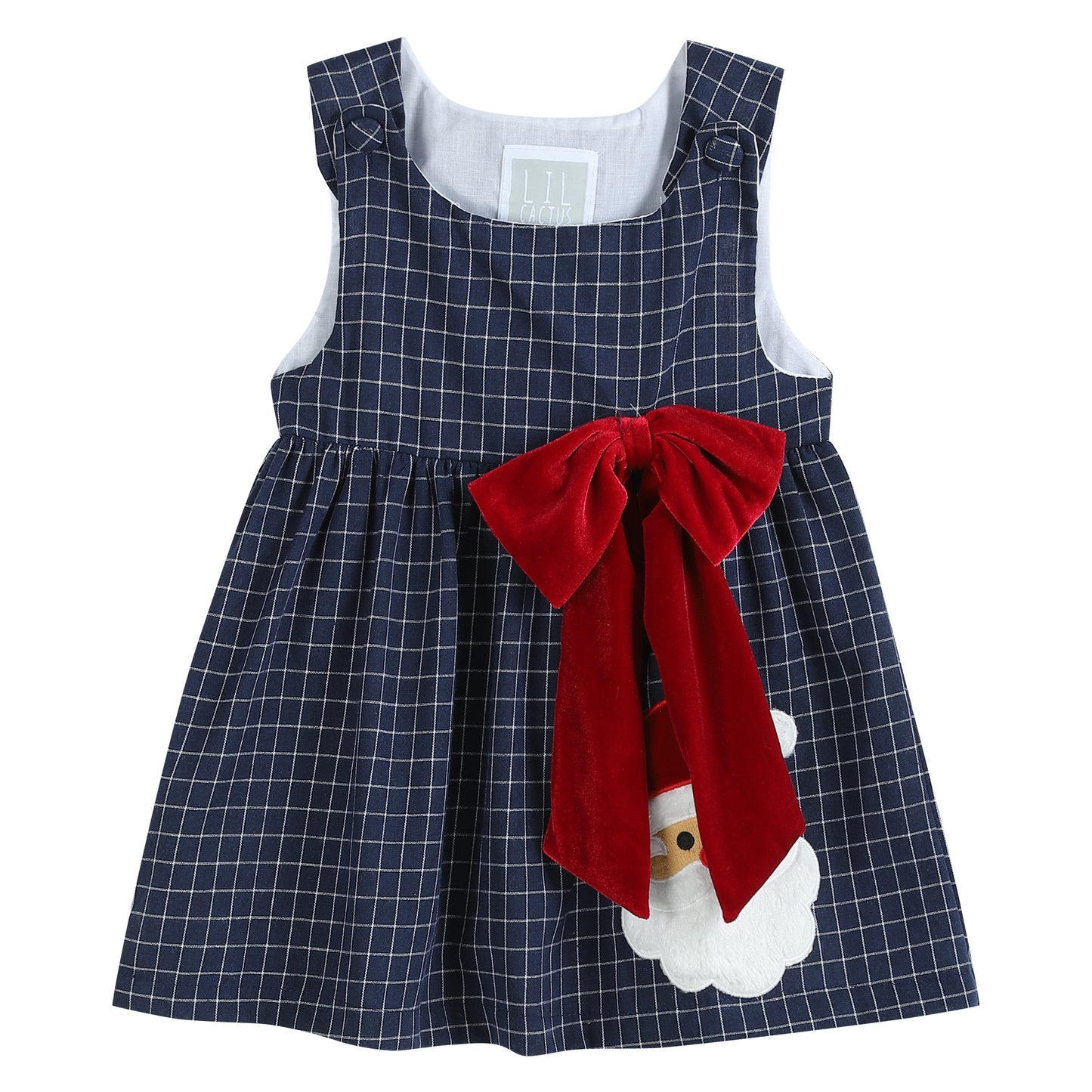 Blue Tweed Plaid Santa Dress with Big Bow