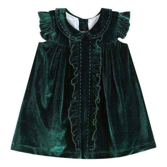 Green Velour Flutter Sleeve Dress