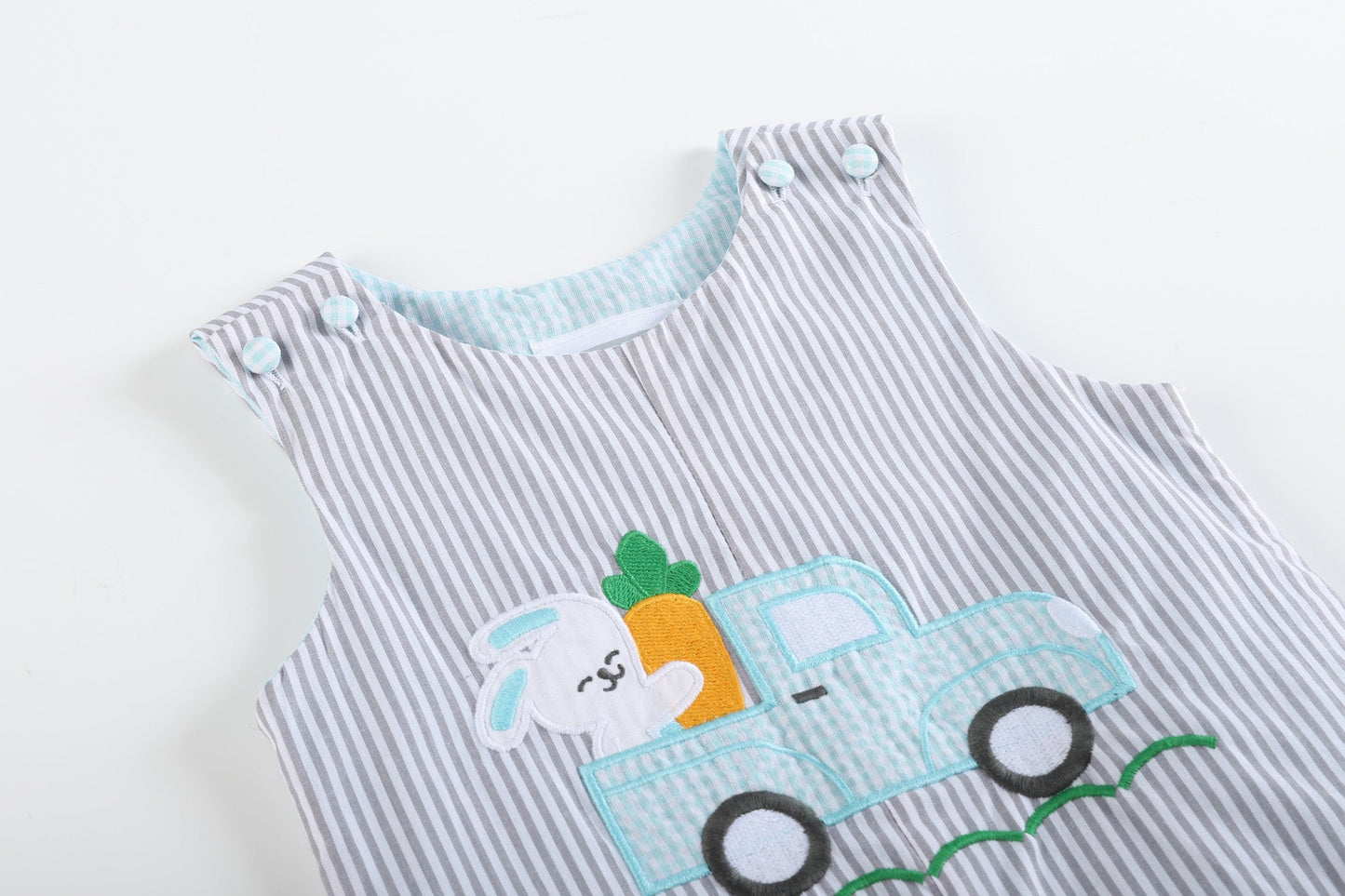 Gray Striped Easter Bunny Truck Applique Overalls