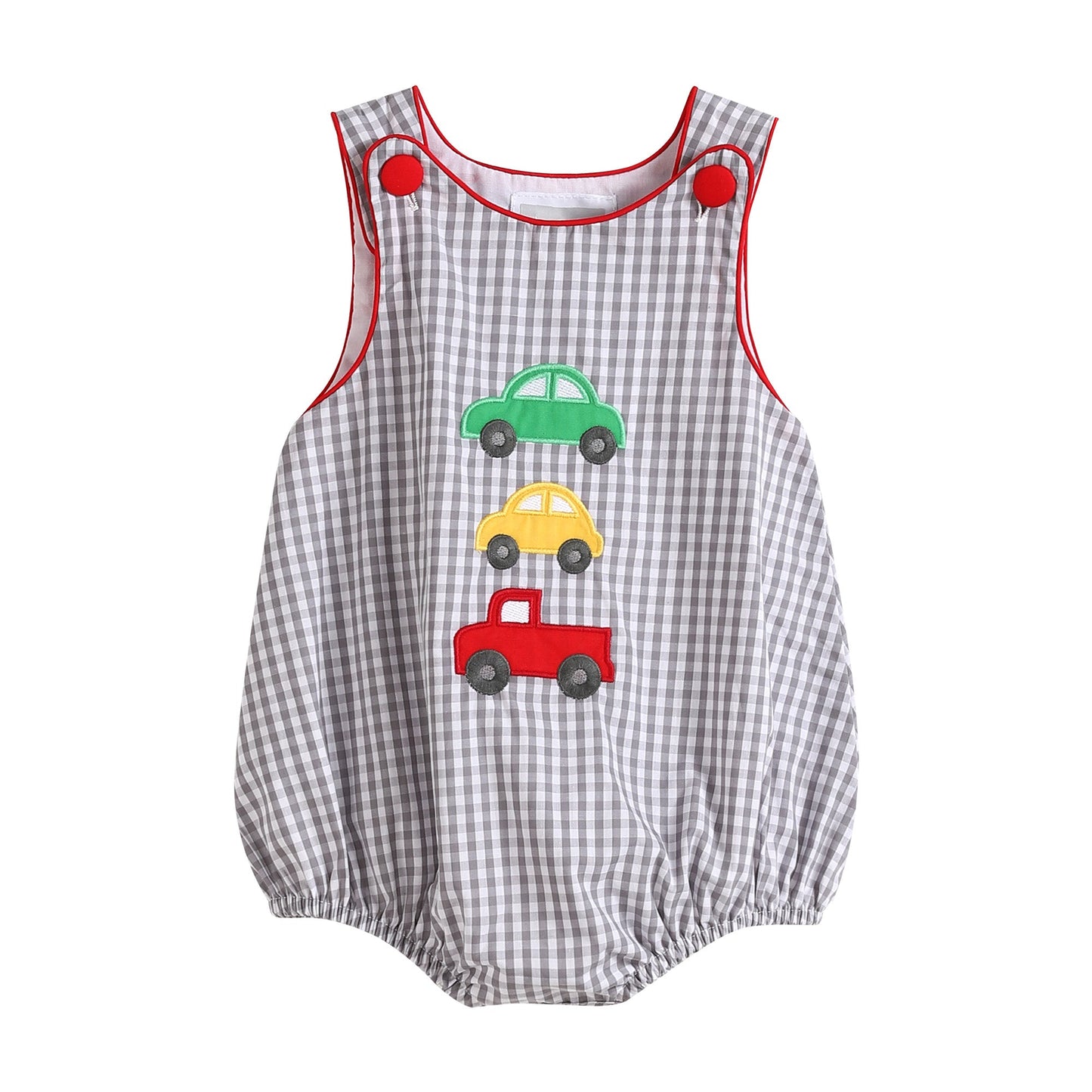 Gray Gingham Cars Bubble Romper