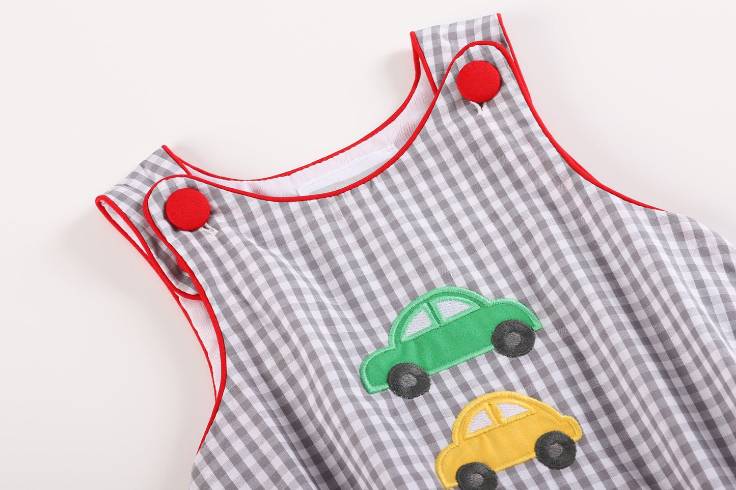 Gray Gingham Cars Bubble Romper